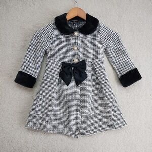 Zunie Coat Girls 5 Tweed Faux Fur Collar Pearl Buttons Bow Dressy Black White